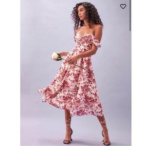 Floral Off-Shoulder Midi Dress in Red